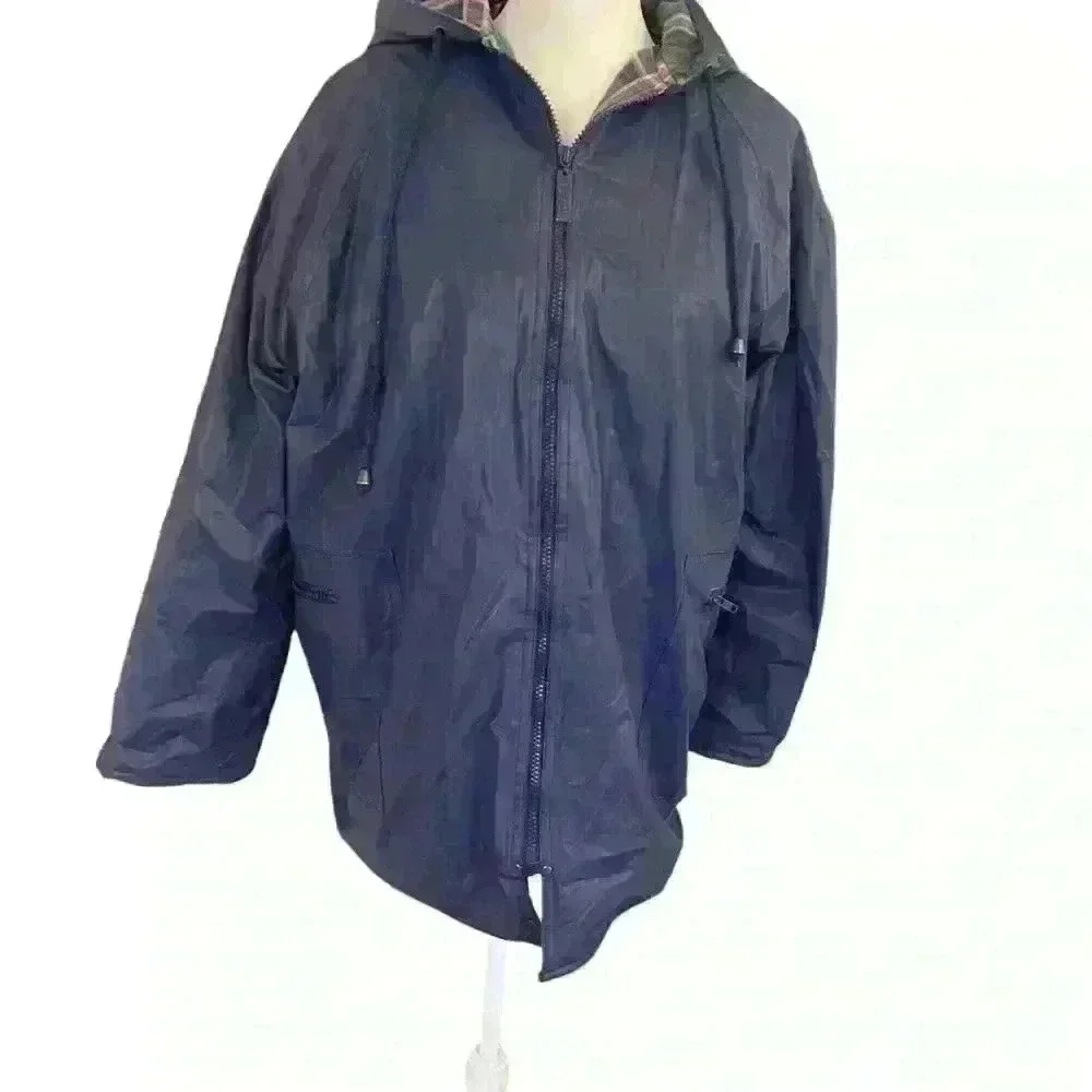 Totes Women's PVC Navy Blue Coat Jacket With Hood Full Zip Size S Raingear